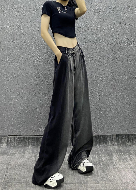 Women Black Grey Pockets Patchwork Denim Wide Leg Pants Fall RI008 ABC