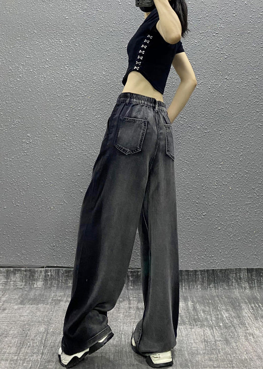 Women Black Grey Pockets Patchwork Denim Wide Leg Pants Fall RI008 ABC