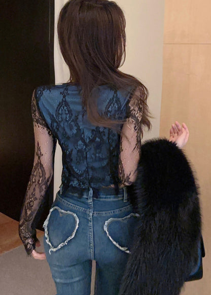 Women Black Hollow Out Patchwork Lace Tops YP016 ABC