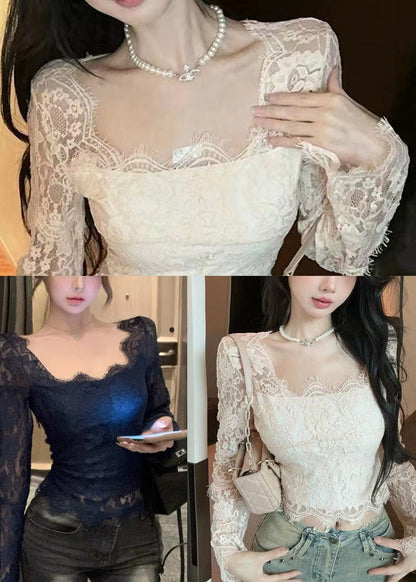 Women Black Hollow Out Sexy Lace Eyelash Tops Spring YP020 ABC