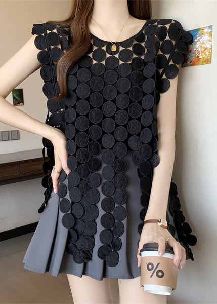 Out Solid Top Black Women Sleeveless Hollow Neck O FashionChic