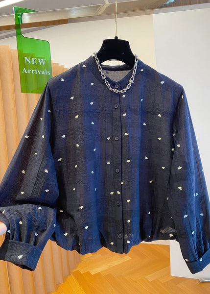 Cotton Neck Blouses Black Jacquard Button Women Fall O FashionChic