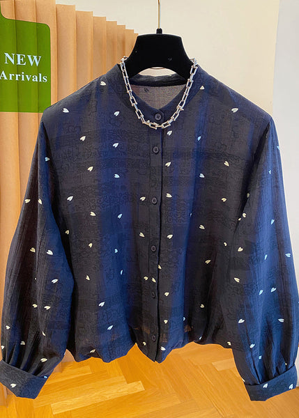 Cotton Neck Blouses Black Jacquard Button Women Fall O FashionChic