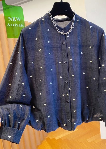 Cotton Neck Blouses Black Jacquard Button Women Fall O FashionChic