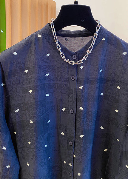 Cotton Neck Blouses Black Jacquard Button Women Fall O FashionChic