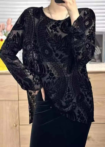 Women Black O Neck Jacquard Silk Velour Shirt Tops Fall WP050 NZ-LTP241107