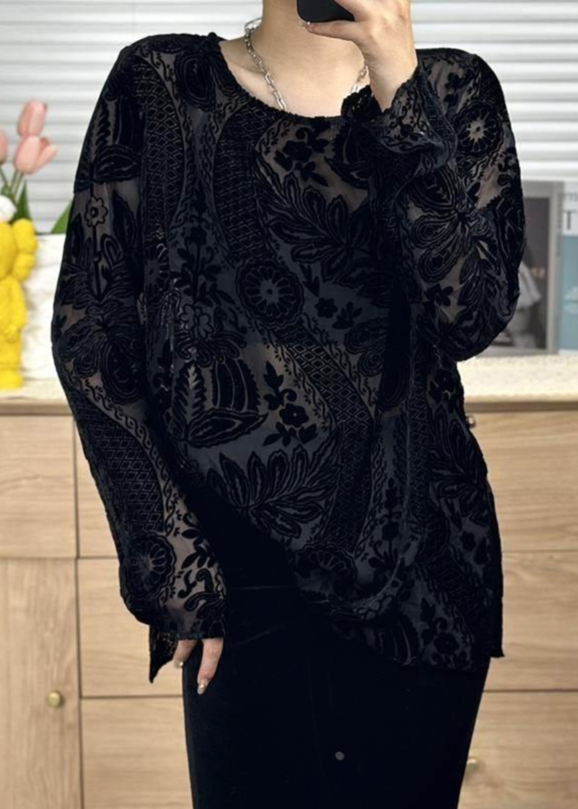 Women Black O Neck Jacquard Silk Velour Shirt Tops Fall WP050 NZ-LTP241107