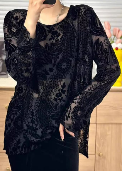 Women Black O Neck Jacquard Silk Velour Shirt Tops Fall WP050 NZ-LTP241107