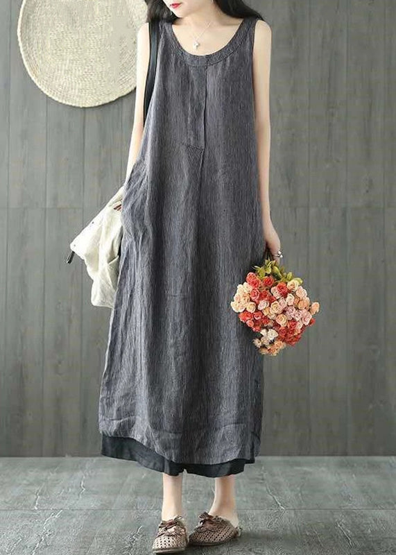 Women Black O Neck Pockets Linen Long Dresses Sleeveless FF064 MZF-SDL240607