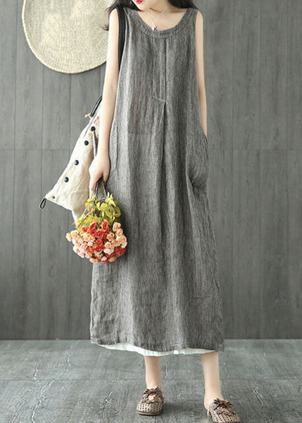 Women Black O Neck Pockets Linen Long Dresses Sleeveless FF064 MZF-SDL240607