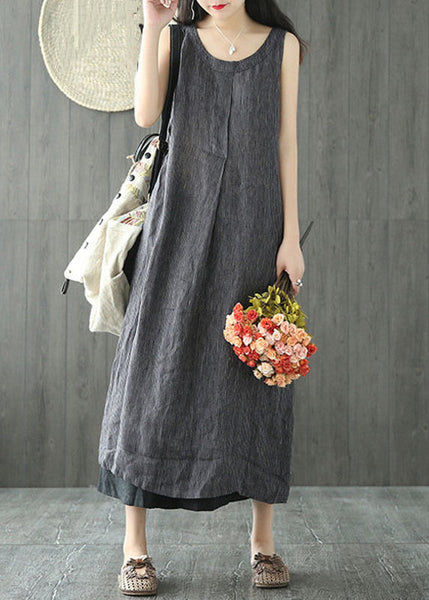 Women Black O Neck Pockets Linen Long Dresses Sleeveless FF064 MZF-SDL240607
