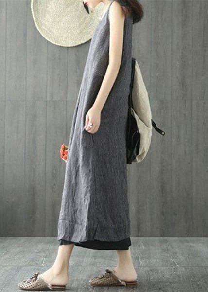 Women Black O Neck Pockets Linen Long Dresses Sleeveless FF064 MZF-SDL240607