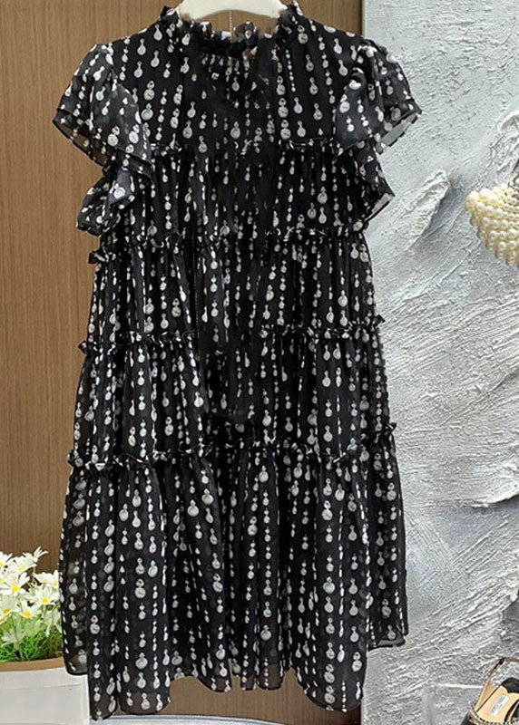 Women Black O-Neck Ruffled Patchwork Dot Print Long Dress Short Sleeve VB1055 Ada Fashion