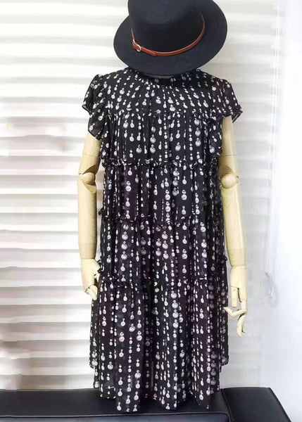Women Black O-Neck Ruffled Patchwork Dot Print Long Dress Short Sleeve VB1055 Ada Fashion