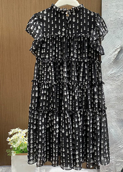 Women Black O-Neck Ruffled Patchwork Dot Print Long Dress Short Sleeve VB1055 Ada Fashion