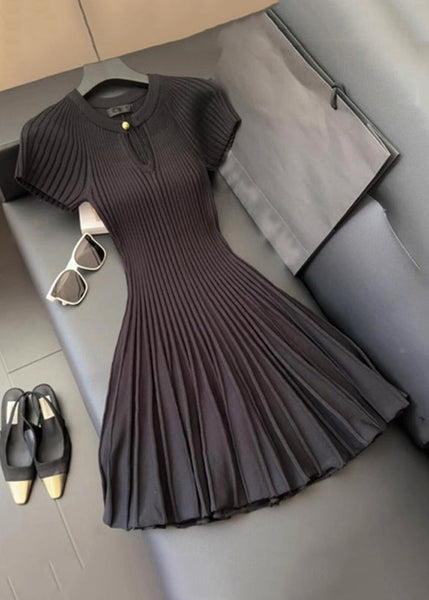 Women Wrinkled Solid Dress Neck Summer Knit Mid O Black FashionChic