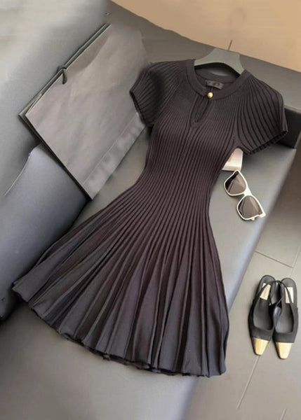 Women Wrinkled Solid Dress Neck Summer Knit Mid O Black FashionChic