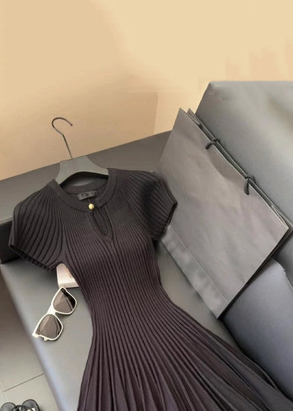 Women Wrinkled Solid Dress Neck Summer Knit Mid O Black FashionChic