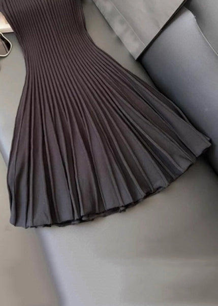 Women Wrinkled Solid Dress Neck Summer Knit Mid O Black FashionChic