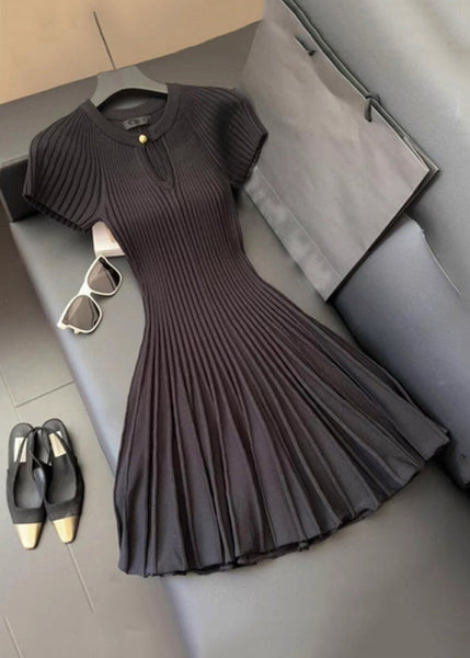 Women Wrinkled Solid Dress Neck Summer Knit Mid O Black FashionChic