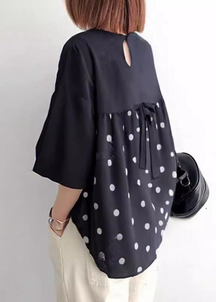 Patchwork Black Summer Shirt Women Bow Tops Oversized Cotton FashionChic