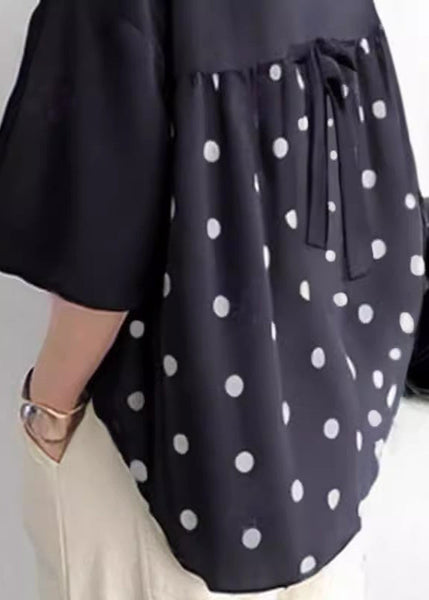 Patchwork Black Summer Shirt Women Bow Tops Oversized Cotton FashionChic