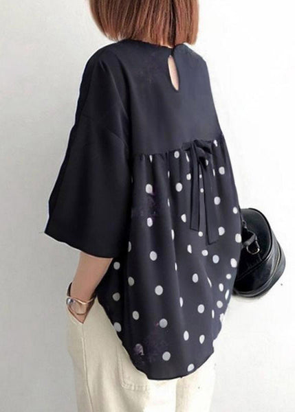 Patchwork Black Summer Shirt Women Bow Tops Oversized Cotton FashionChic