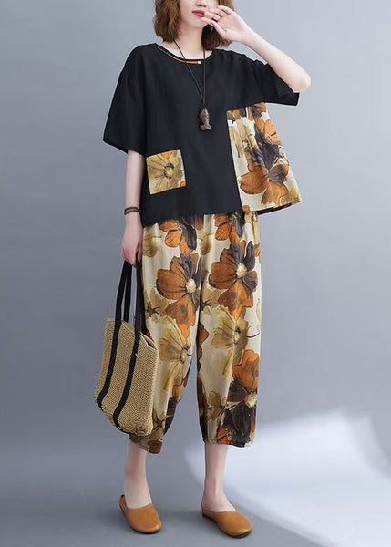 Cotton Black Summer Set Two-Piece Patchwork Women Oversized FashionChic