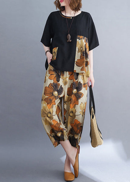 Cotton Black Summer Set Two-Piece Patchwork Women Oversized FashionChic