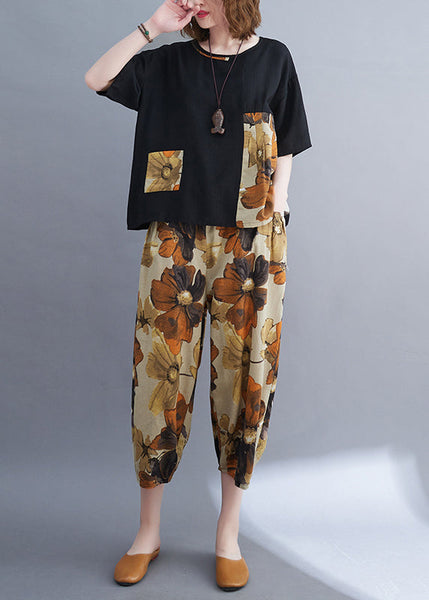 Cotton Black Summer Set Two-Piece Patchwork Women Oversized FashionChic