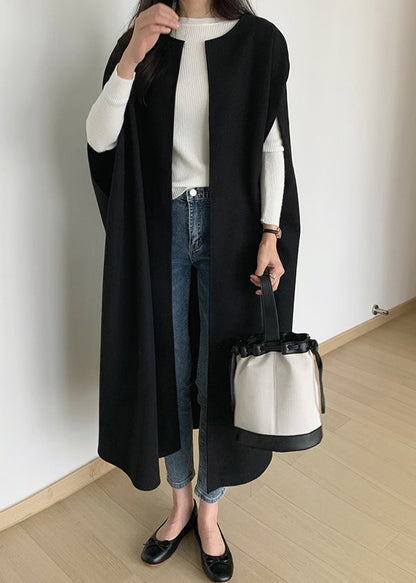 Women Black Oversized Pockets Woolen Coats Sleeveless TZ019