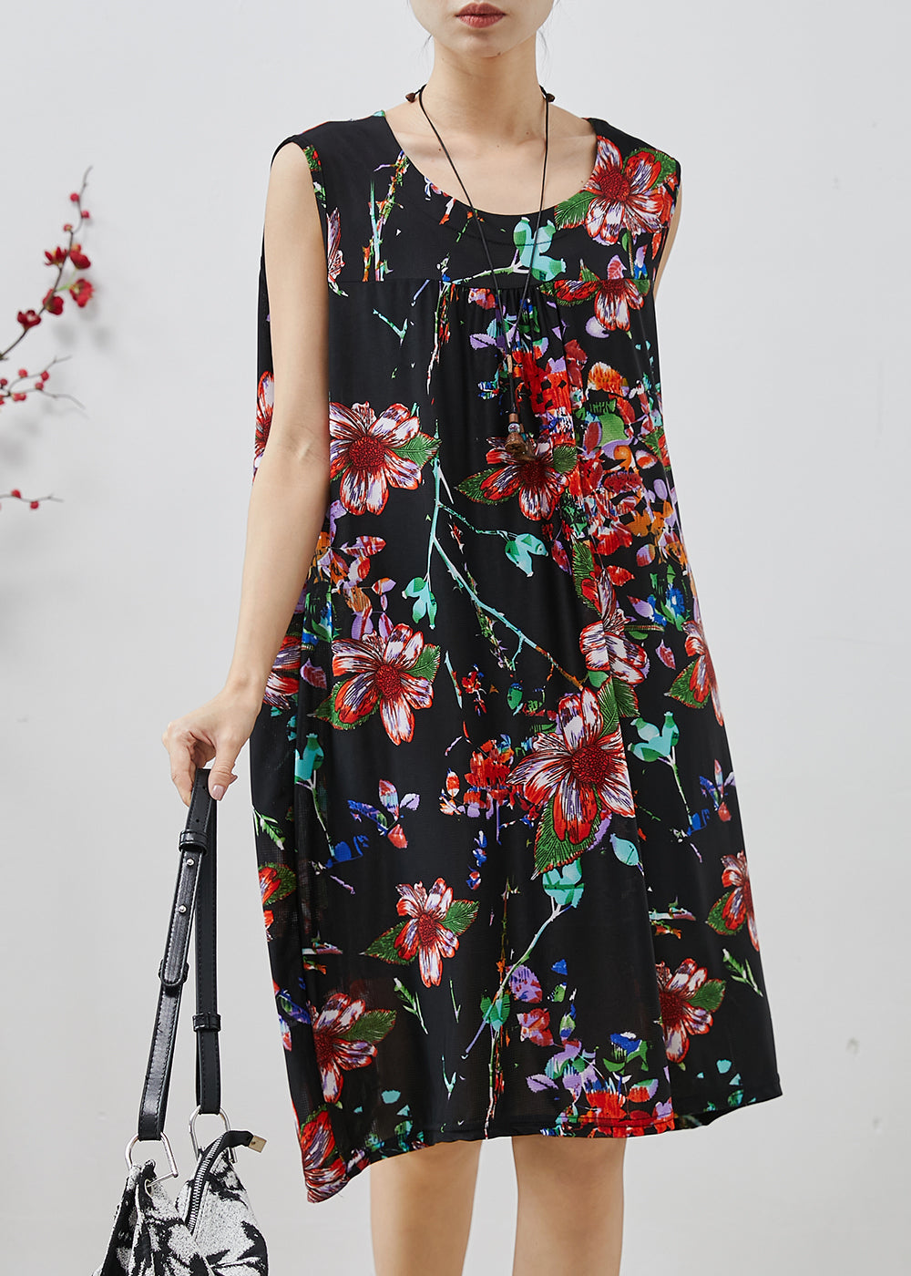 Women Black Oversized Print Cotton Mid Dress Summer AP1078 AM-SDM240904