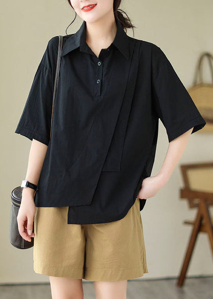 Collar Cotton Black Women Top Peter Pan Asymmetrical Design FashionChic
