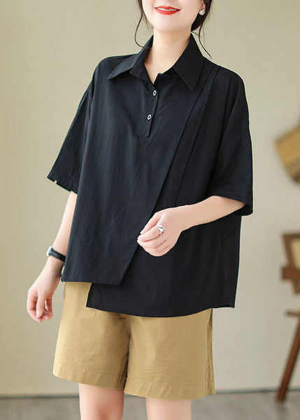 Collar Cotton Black Women Top Peter Pan Asymmetrical Design FashionChic