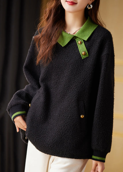 Women Black Peter Pan Collar Faux Fur Pullover Sweatshirt Fall QL057 OM-OL241021