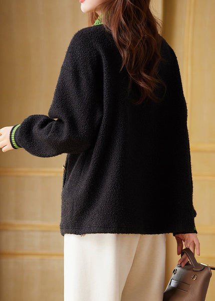 Women Black Peter Pan Collar Faux Fur Pullover Sweatshirt Fall QL057 OM-OL241021