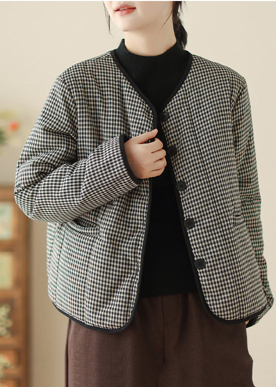 Women Black Plaid Fine Cotton Filled Parka Winter TM007 ABC