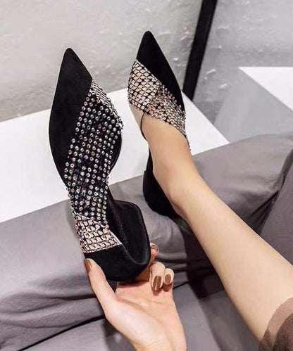 Women Black Pointed Toe Tulle Zircon Flat Shoes For RT1005 Ada Fashion