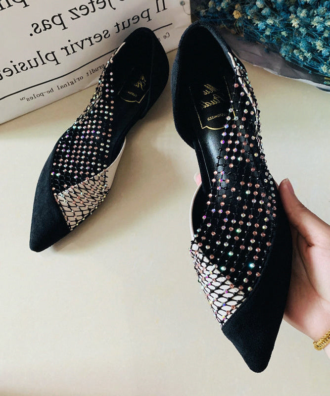 Women Black Pointed Toe Tulle Zircon Flat Shoes For RT1005 Ada Fashion