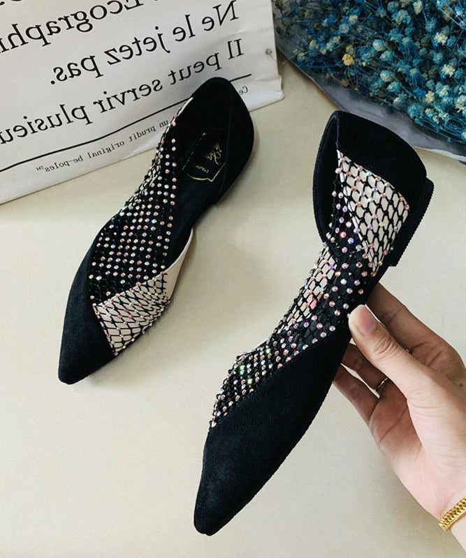 Women Black Pointed Toe Tulle Zircon Flat Shoes For RT1005 Ada Fashion