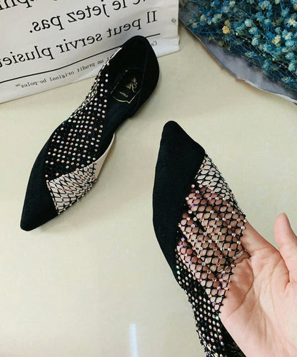 Women Black Pointed Toe Tulle Zircon Flat Shoes For RT1005 Ada Fashion