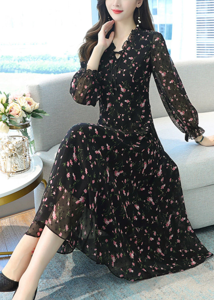 Women Black Ruffled Print Chiffon Long Dress Spring OO022 OM-CS240814