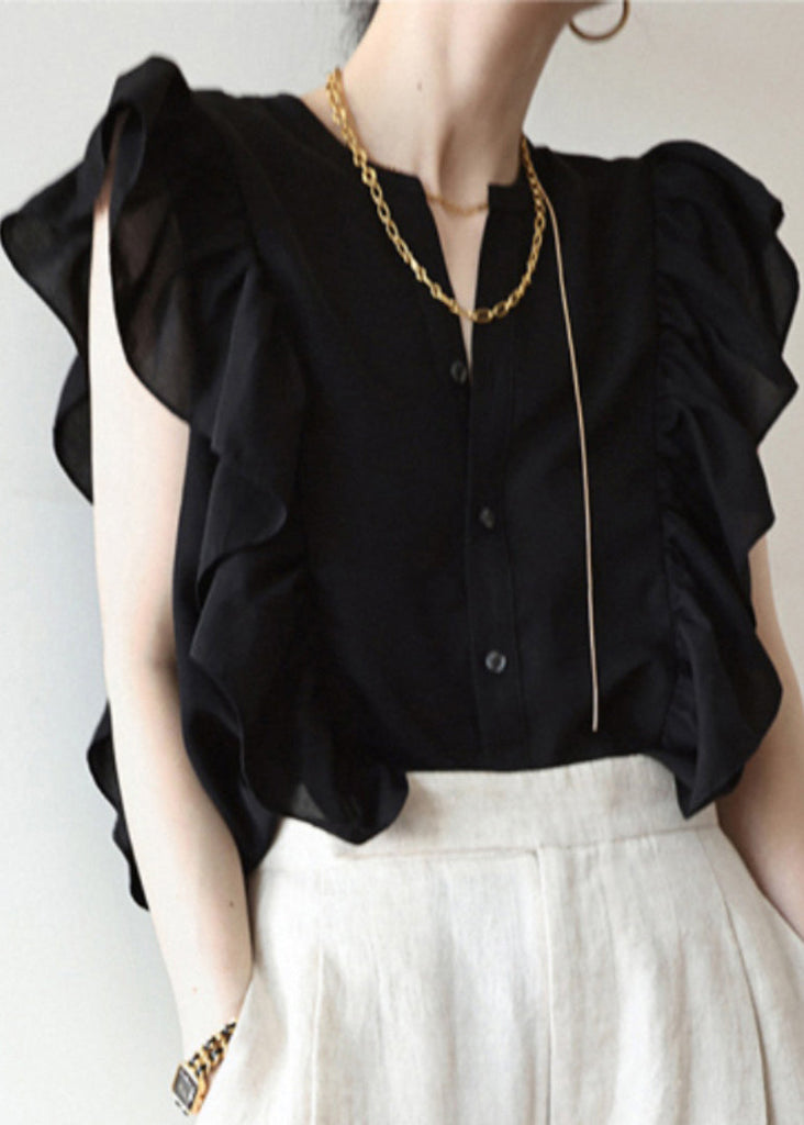 Women Black Ruffled Solid Button Silk Vest Sleeveless Ada Fashion