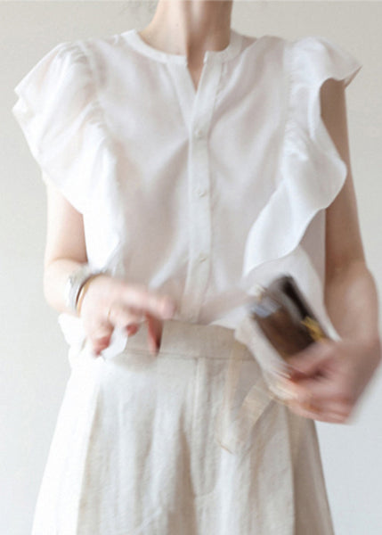 Women Black Ruffled Solid Button Silk Vest Sleeveless Ada Fashion