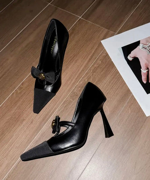 Sequined Black Women High Splicing Bow Heels Sheepskin FashionChic