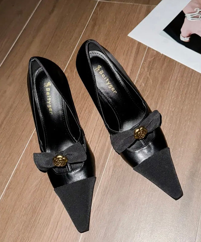 Sequined Black Women High Splicing Bow Heels Sheepskin FashionChic