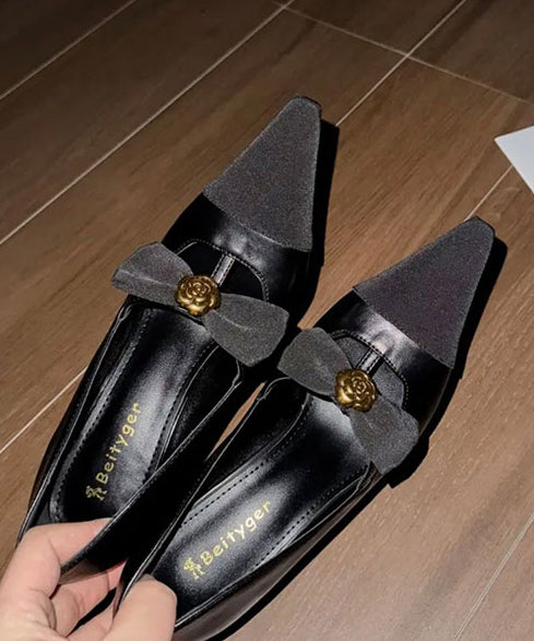 Sequined Black Women High Splicing Bow Heels Sheepskin FashionChic