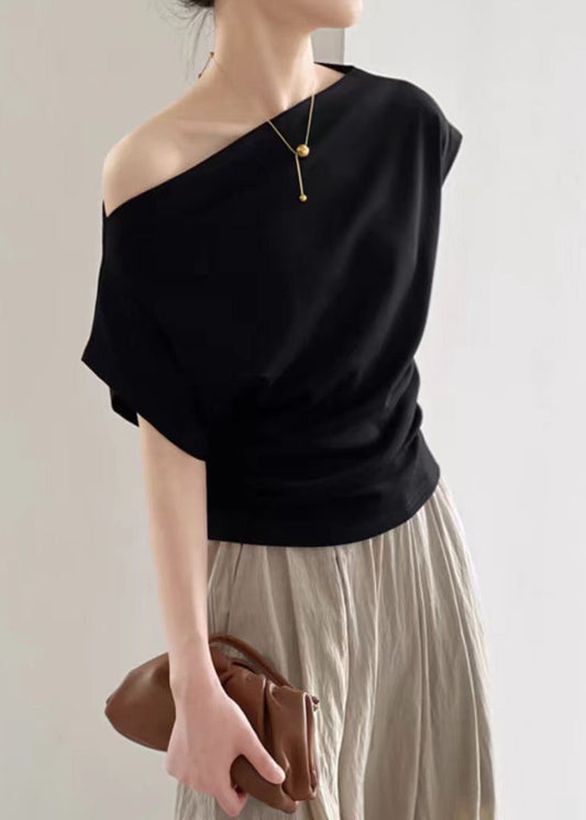 Summer Neck T Women Black Cotton Solid Shirt Slash FashionChic