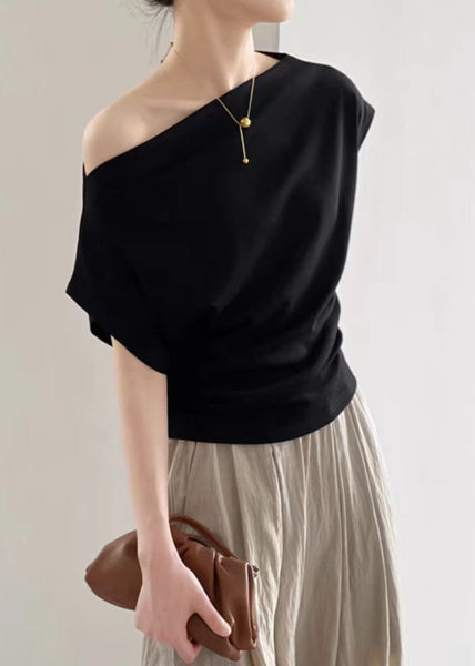 Slash Solid Summer Cotton Black Women Neck Shirt T FashionChic