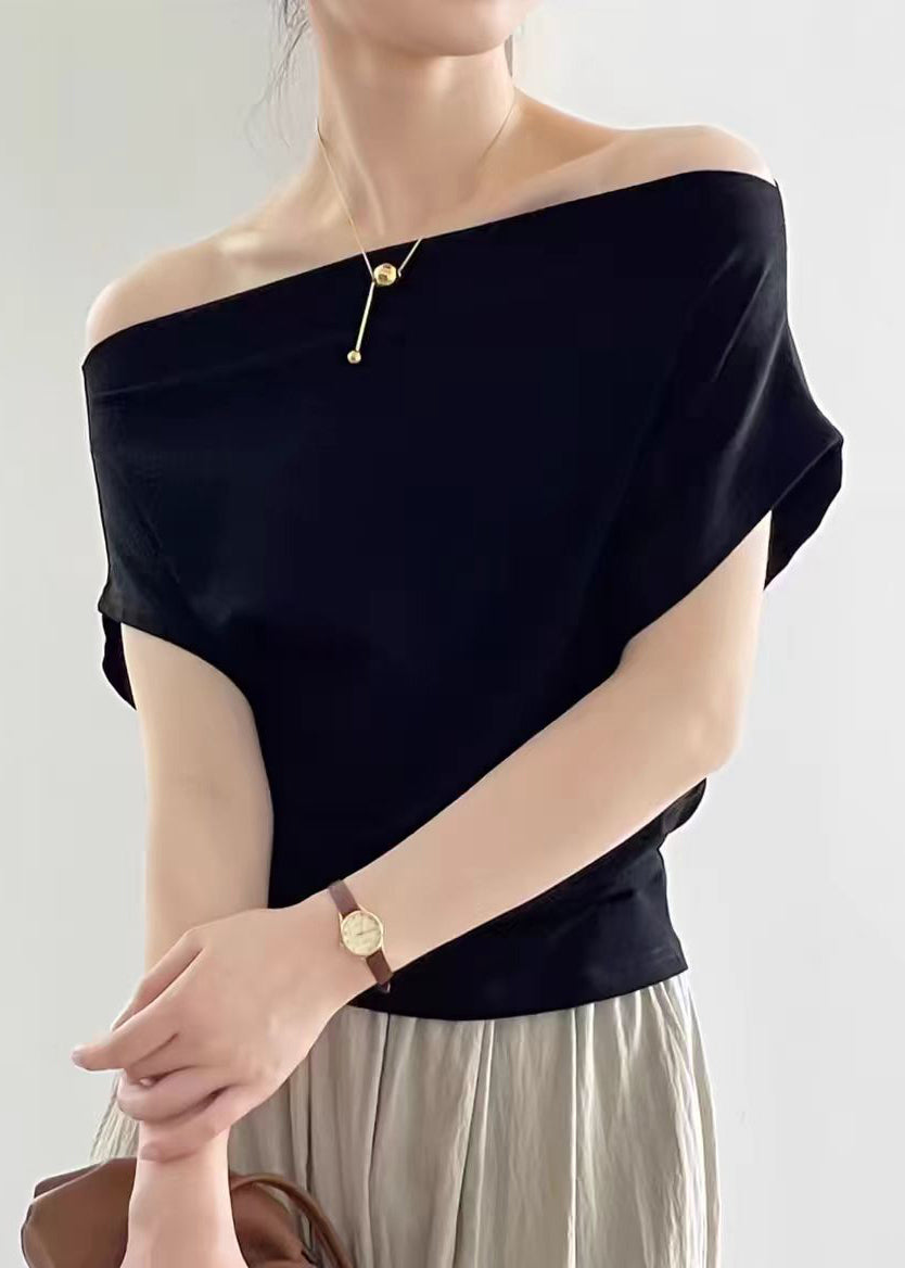 Summer Neck T Women Black Cotton Solid Shirt Slash FashionChic